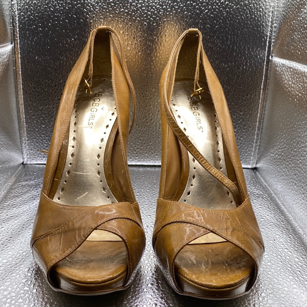 Tan BCBGirls 5” lucite ombré heel.